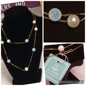 SJ Pearl - Pearl And Aquamarine Necklace - New With Tag - 925